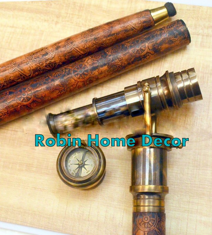 Spy Telescope Engraved Leather Work Folding Walking Stick-Brass Cane-Compass on Top